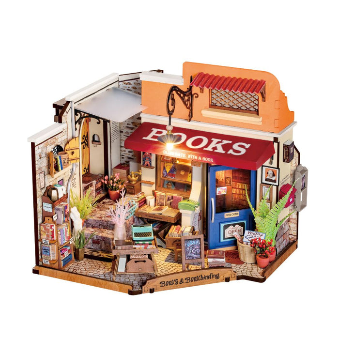 Puzzle in 3d che riproduce in miniatura l'angolo di una libreria dal sapore vintage