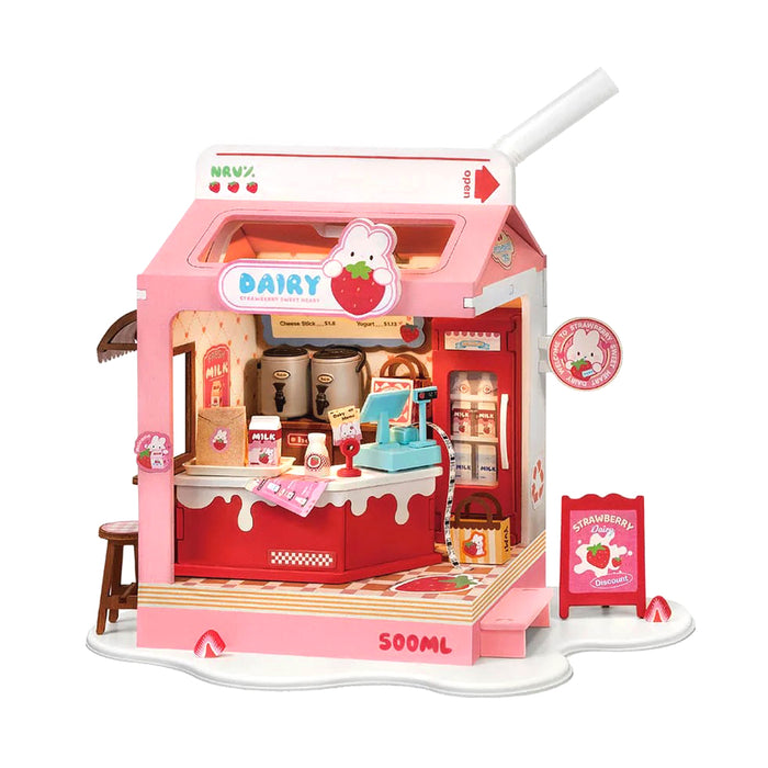 Puzzle in 3d che riproduce in miniatura una yogurteria all'interno di una milk box