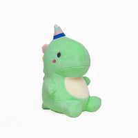 Morbido peluche a forma di dinosauro seduto colore verde con corno multicolore