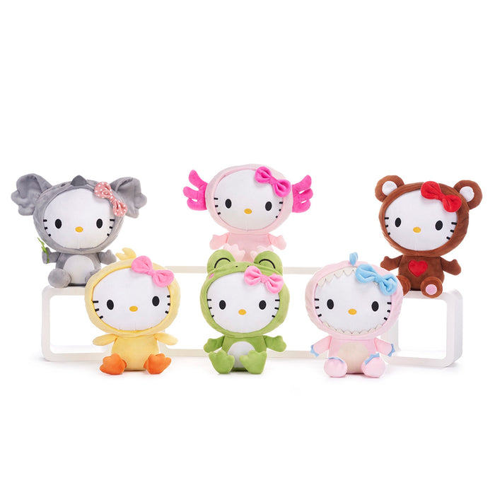 Plush di Hello Kitty con costume kawaii. La serie è composta da: Pulcino, Elefante, Draghetto, Orso, Rana
