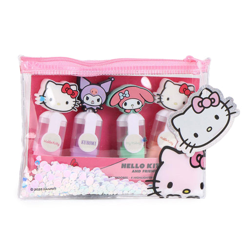 I personaggi più iconici di Sanrio in versione evidenziatore rosa, viola, arancio e verde, con pratico astuccio contenitore