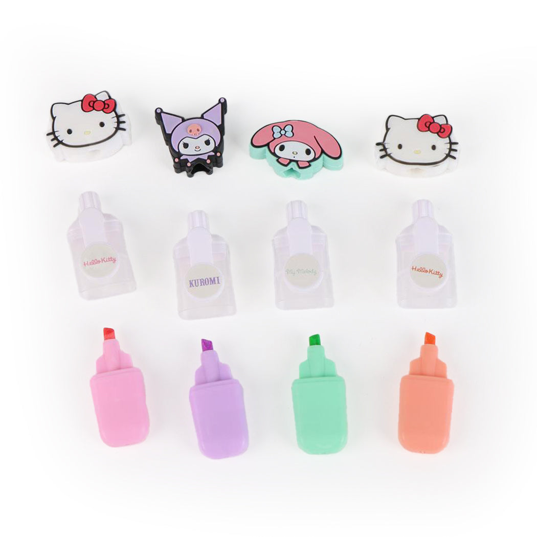 I personaggi più iconici di Sanrio in versione evidenziatore rosa, viola, arancio e verde, con pratico astuccio contenitore