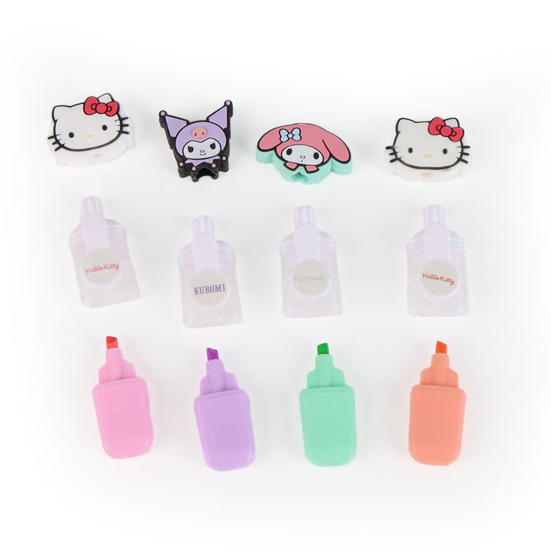 I personaggi più iconici di Sanrio in versione evidenziatore rosa, viola, arancio e verde, con pratico astuccio contenitore
