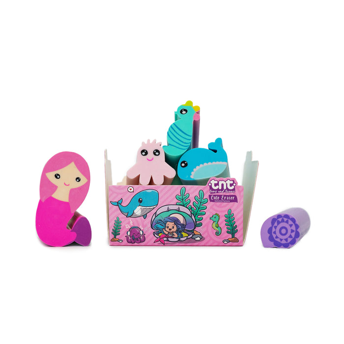 Set di 6 gomme a forma di sirenetta, polipo, balena, cavalluccio marino e conchiglia.