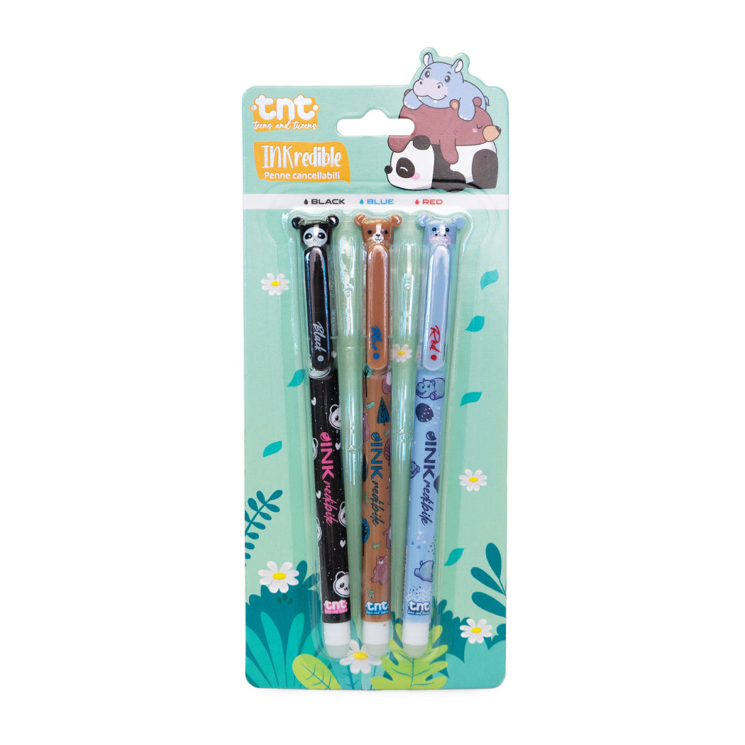 Set di 3 penne con inchiostro cancellabile nei colori blu, nero e rosso.