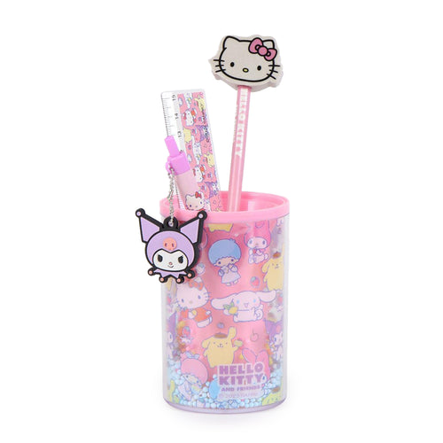 Set di cancelleria di Sanrio comprende: un matita di Hello Kitty, una penna di Kuromi, un righello e un portapenne con tutti i personaggi di Sanrio