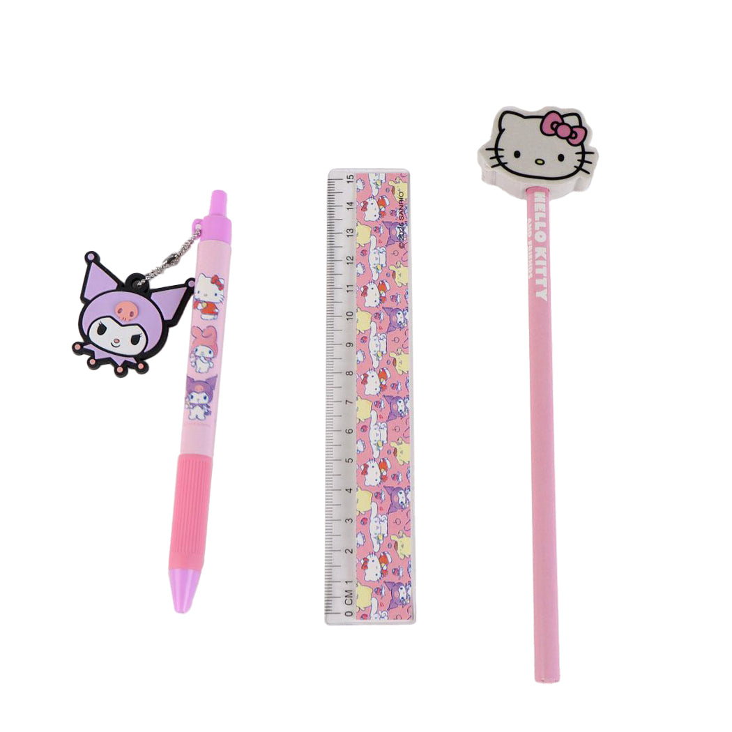 Set di cancelleria di Sanrio comprende: un matita di Hello Kitty, una penna di Kuromi, un righello e un portapenne con tutti i personaggi di Sanrio