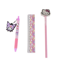 Set di cancelleria di Sanrio comprende: un matita di Hello Kitty, una penna di Kuromi, un righello e un portapenne con tutti i personaggi di Sanrio