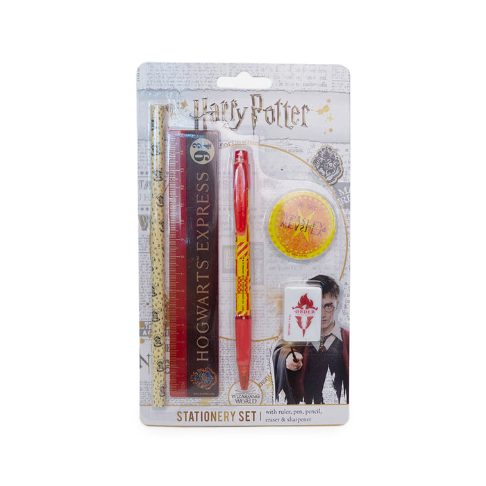 Set di cancelleria di Harry Potter: matita, penna, righello, gomma, temperino.