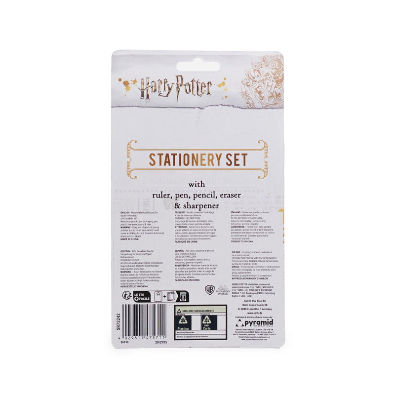 Set di cancelleria di Harry Potter: matita, penna, righello, gomma, temperino.