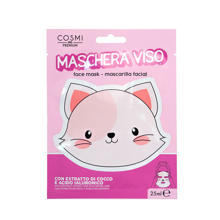 Maschera viso a foma di gattino con estratto di cocco e acido ialuronico per rendere la pelle più idratata e luminosa.