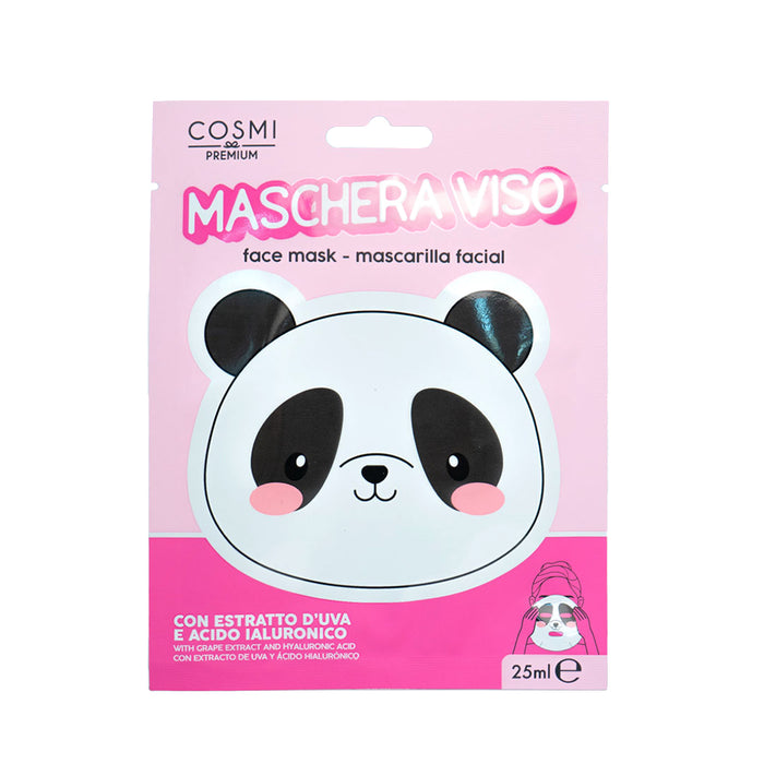 Maschera viso a foma di panda con estratto di uva e acido ialuronico per rendere la pelle più idratata e luminosa.