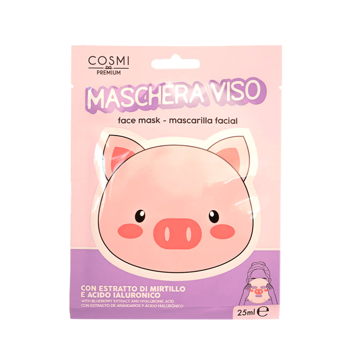 Maschera viso a foma di maialino con estratto di mirtillo e acido ialuronico per rendere la pelle più idratata e luminosa.