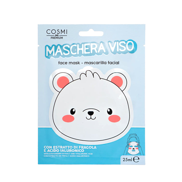 Maschera viso a foma di orsetto con estratto di fragola e acido ialuronico per rendere la pelle più idratata e luminosa.