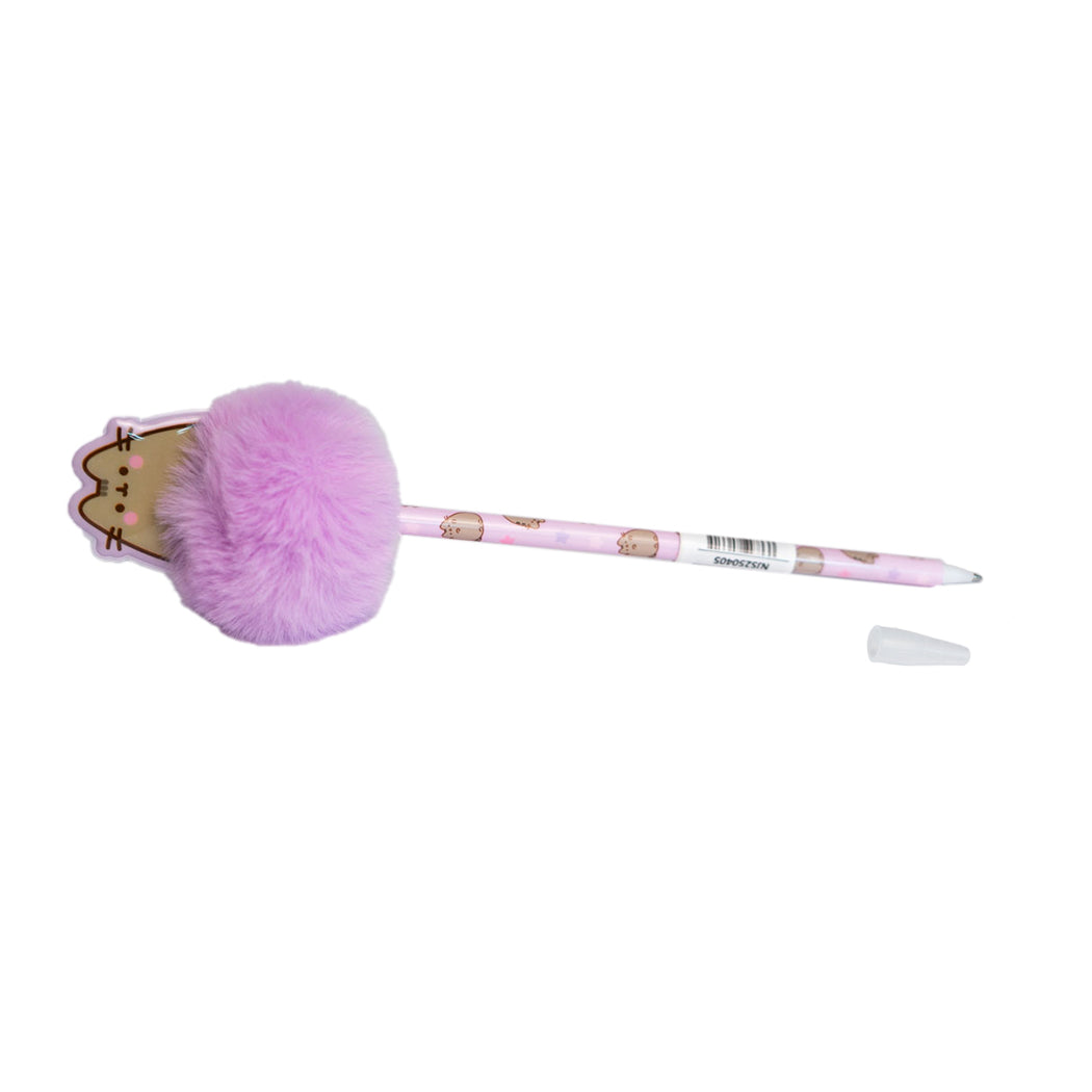 Penna biro con inchiostro blu del personaggio Pusheen e dun simpatico pom pom lilla.