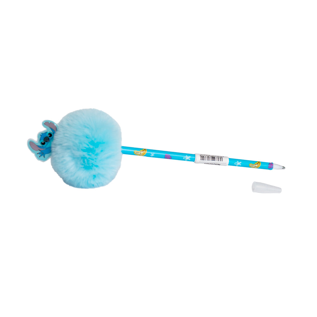 Penna biro con inchiostro blu del personaggio Stitch con pom pom celeste.