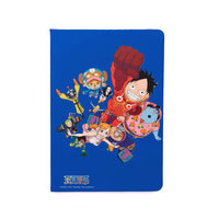 Notebook formato A5 a righe con copertina rigida e chiusura con elastico di One Piece nelle varianti: rosso, verde, blu, giallo.