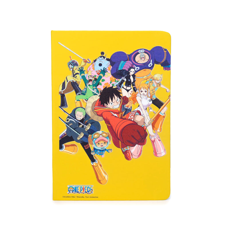 Notebook formato A5 a righe con copertina rigida e chiusura con elastico di One Piece nelle varianti: rosso, verde, blu, giallo.