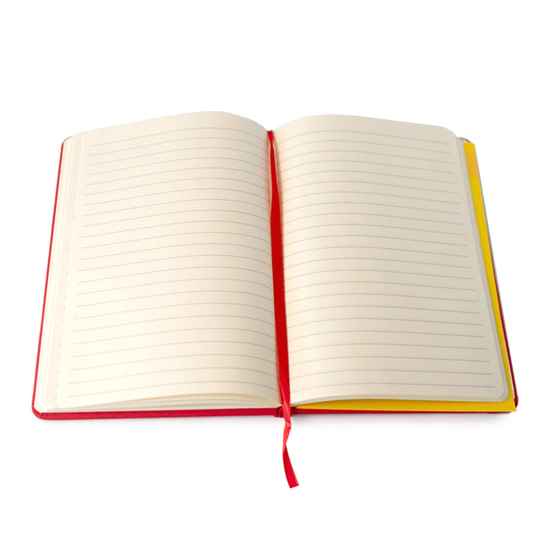 Notebook formato A5 a righe con copertina rigida e chiusura con elastico di One Piece nelle varianti: rosso, verde, blu, giallo.