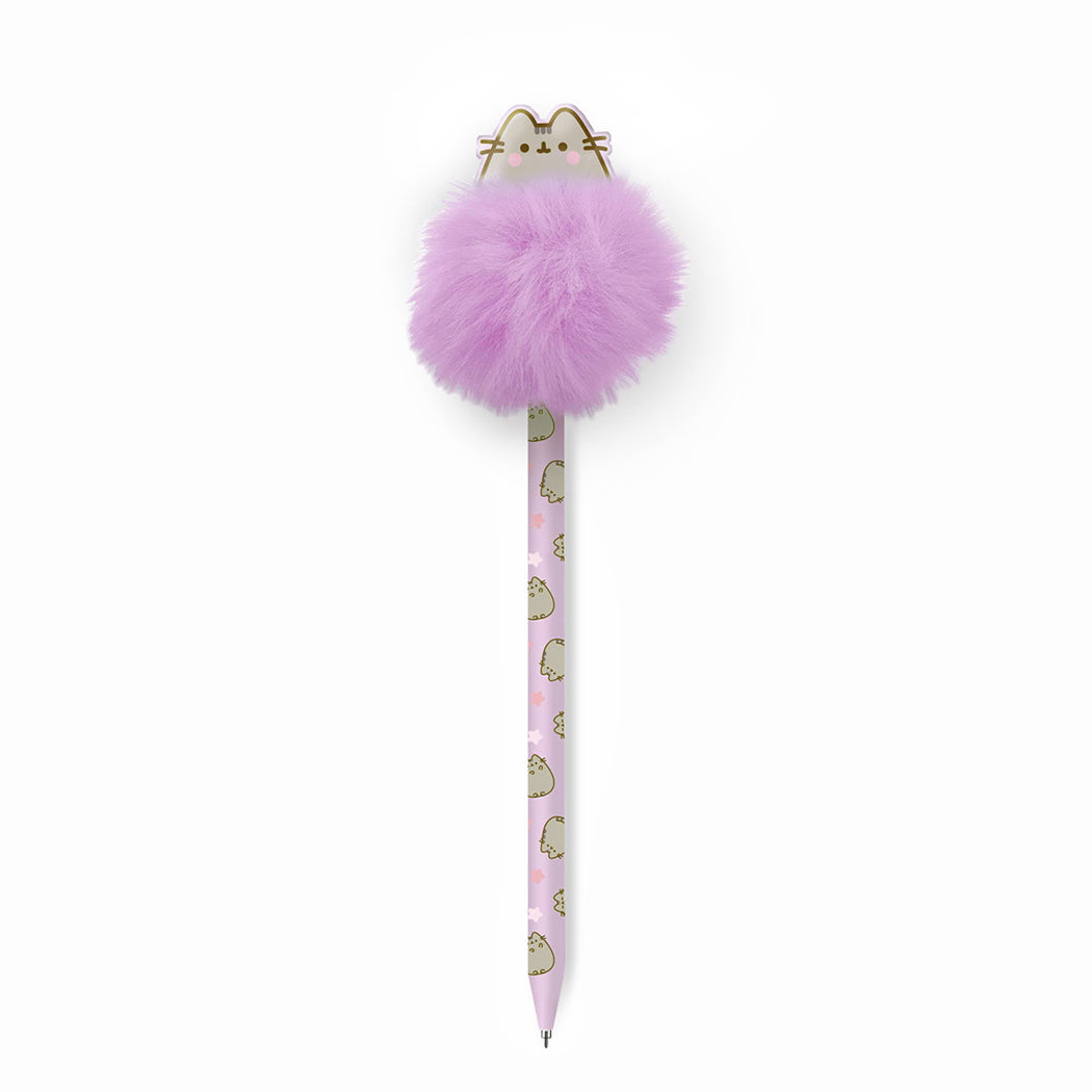 Penna biro con inchiostro blu del personaggio Pusheen e dun simpatico pom pom lilla.
