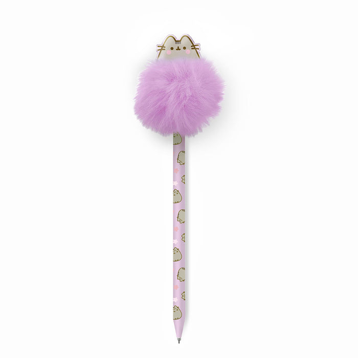 Penna biro con inchiostro blu del personaggio Pusheen e dun simpatico pom pom lilla.