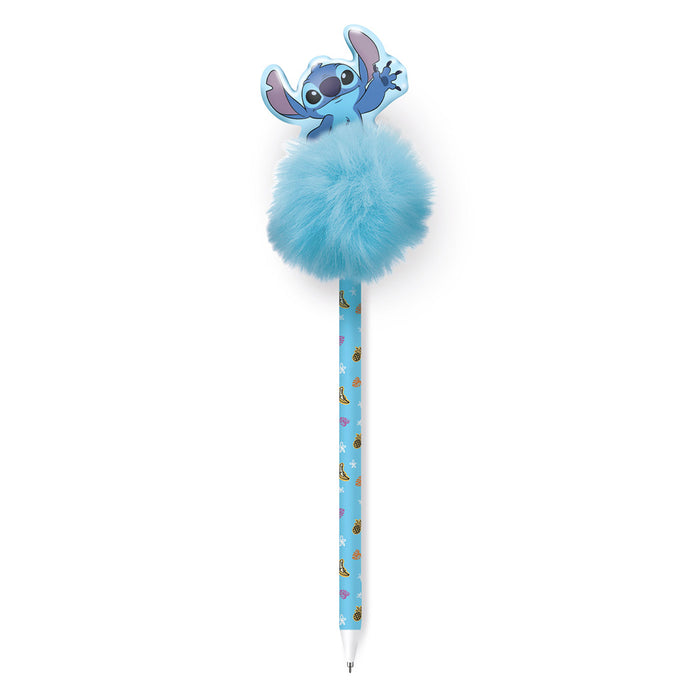 Penna biro con inchiostro blu del personaggio Stitch con pom pom celeste.