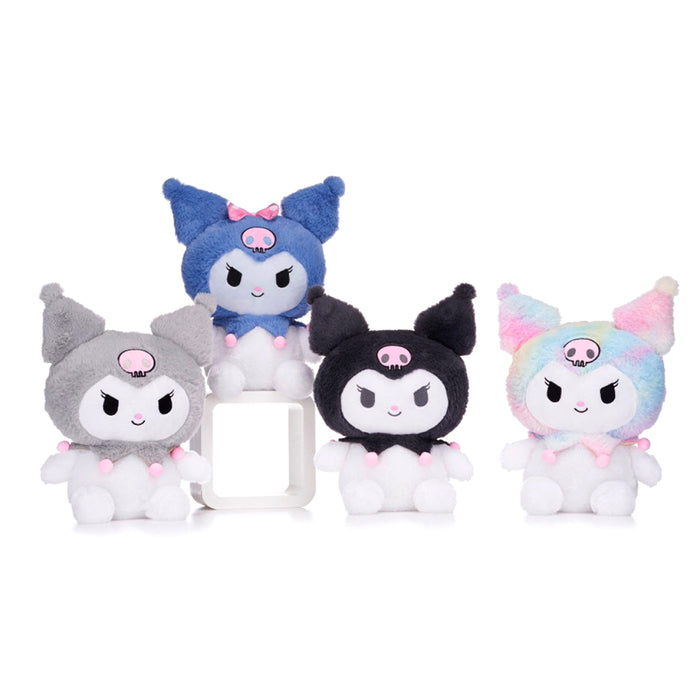 Plush super fluffy di Kuromi nelle varianti: cappuccio grigio, cappuccio nero, cappuccio blu, cappuccio rainbow.