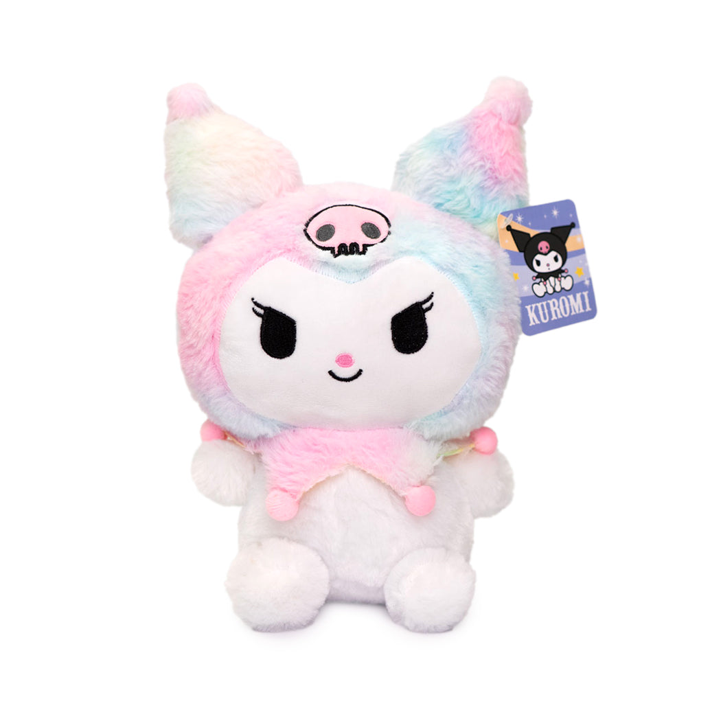 Plush super fluffy di Kuromi nelle varianti: cappuccio grigio, cappuccio nero, cappuccio blu, cappuccio rainbow.
