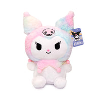 Plush super fluffy di Kuromi nelle varianti: cappuccio grigio, cappuccio nero, cappuccio blu, cappuccio rainbow.