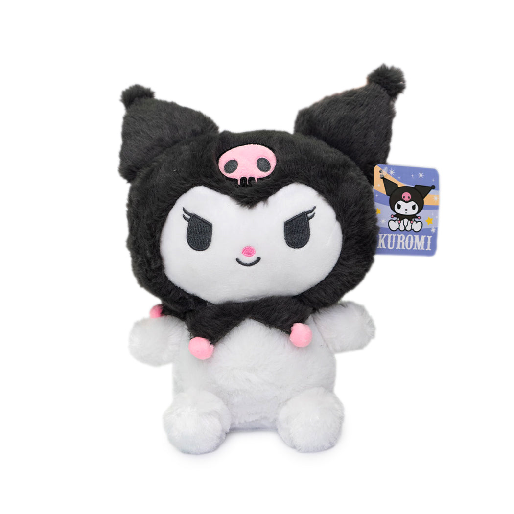 Plush super fluffy di Kuromi nelle varianti: cappuccio grigio, cappuccio nero, cappuccio blu, cappuccio rainbow.
