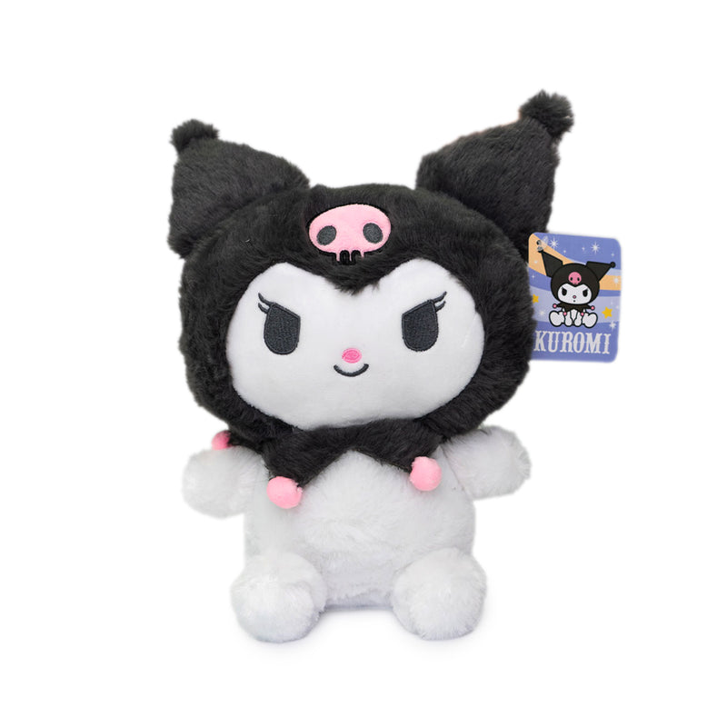 Plush super fluffy di Kuromi nelle varianti: cappuccio grigio, cappuccio nero, cappuccio blu, cappuccio rainbow.