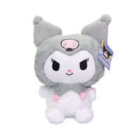Plush super fluffy di Kuromi nelle varianti: cappuccio grigio, cappuccio nero, cappuccio blu, cappuccio rainbow.