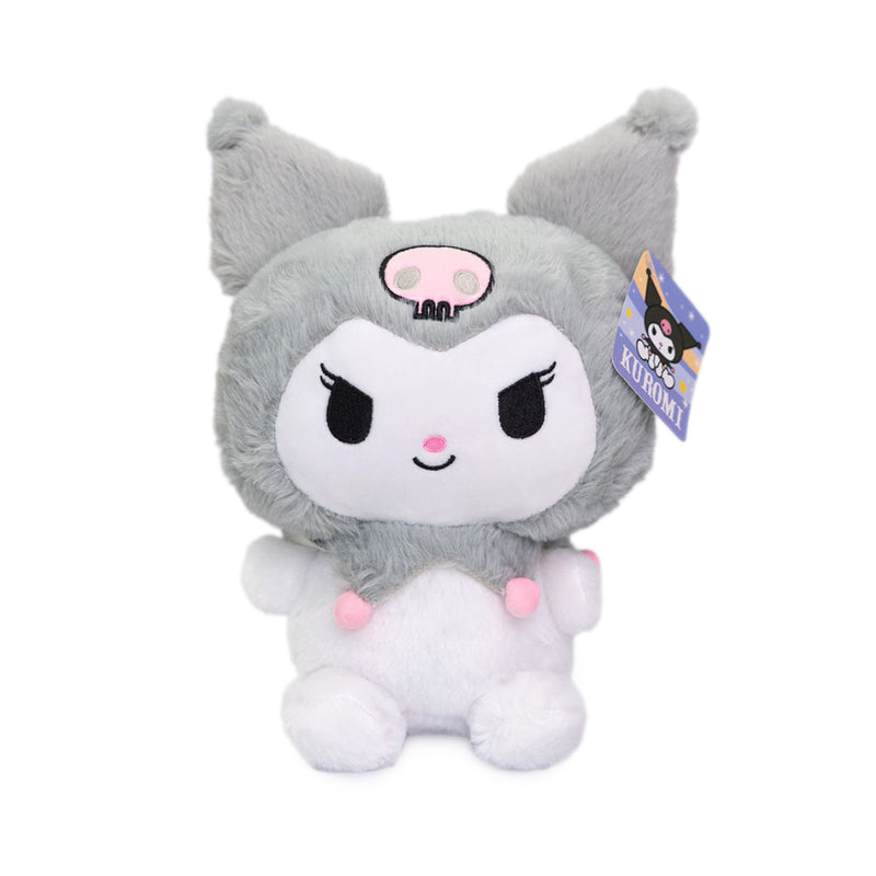 Plush super fluffy di Kuromi nelle varianti: cappuccio grigio, cappuccio nero, cappuccio blu, cappuccio rainbow.