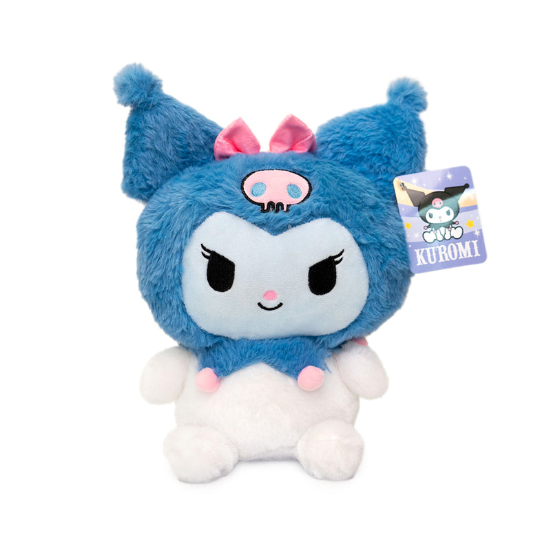 Plush super fluffy di Kuromi nelle varianti: cappuccio grigio, cappuccio nero, cappuccio blu, cappuccio rainbow.