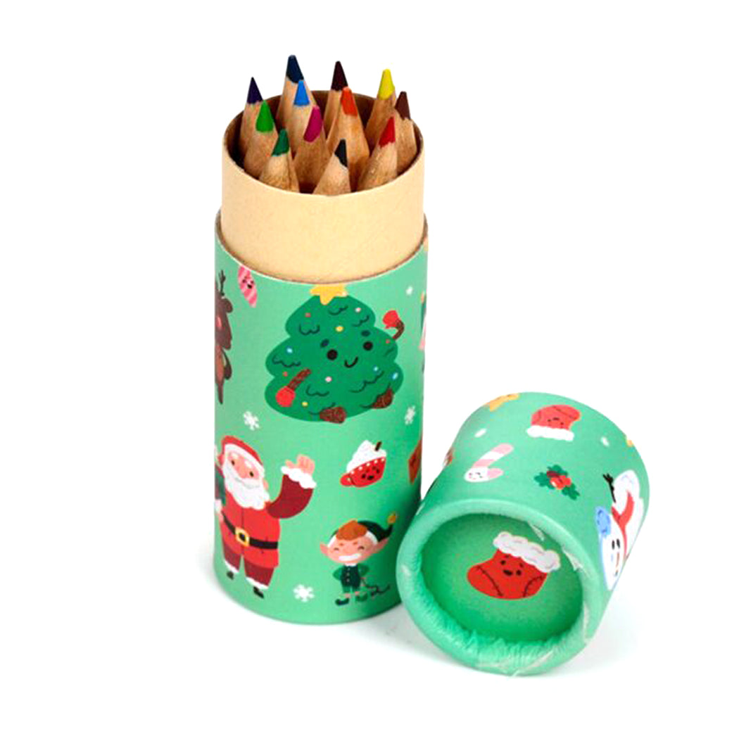 Mini astuccio con motivo natalizio contenente 12 matite colorate.