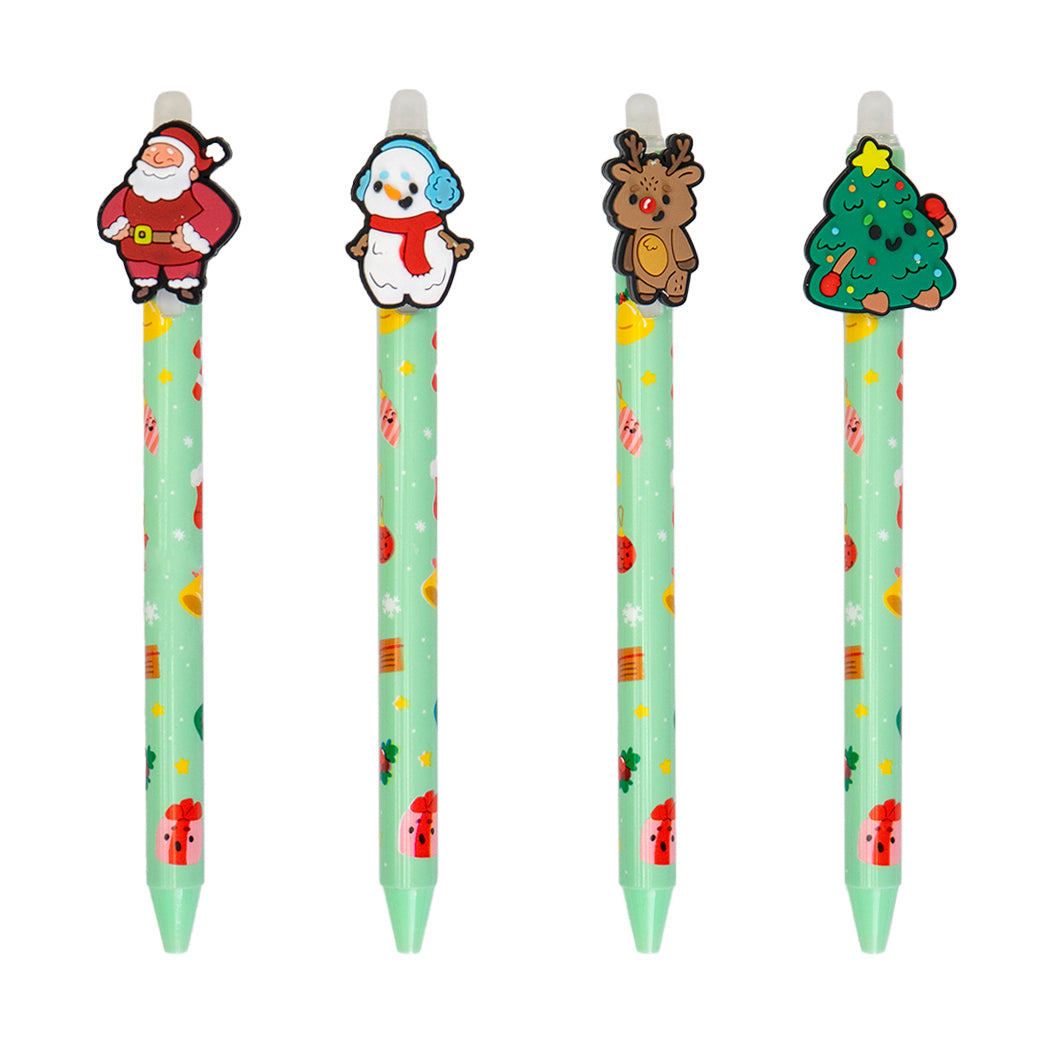 Penna a scatto con inchiostro blu cancellabile. La penna ha un personaggio di Natale sul cappuccio.