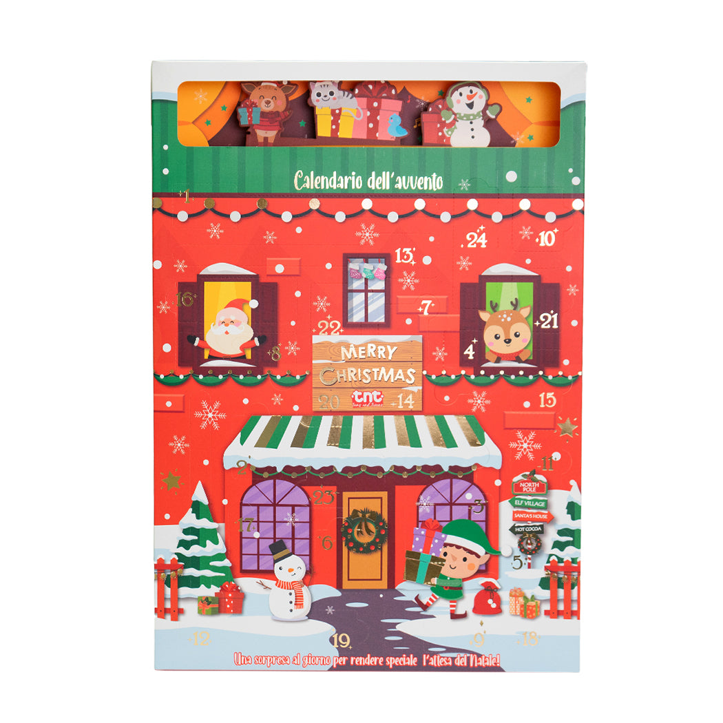 Calendario dell'avvento. In ogni casella puoi trovare un articolo di cancelleria a sorpresa tra penne, evidenziatori, gomme temperini e portachiavi.