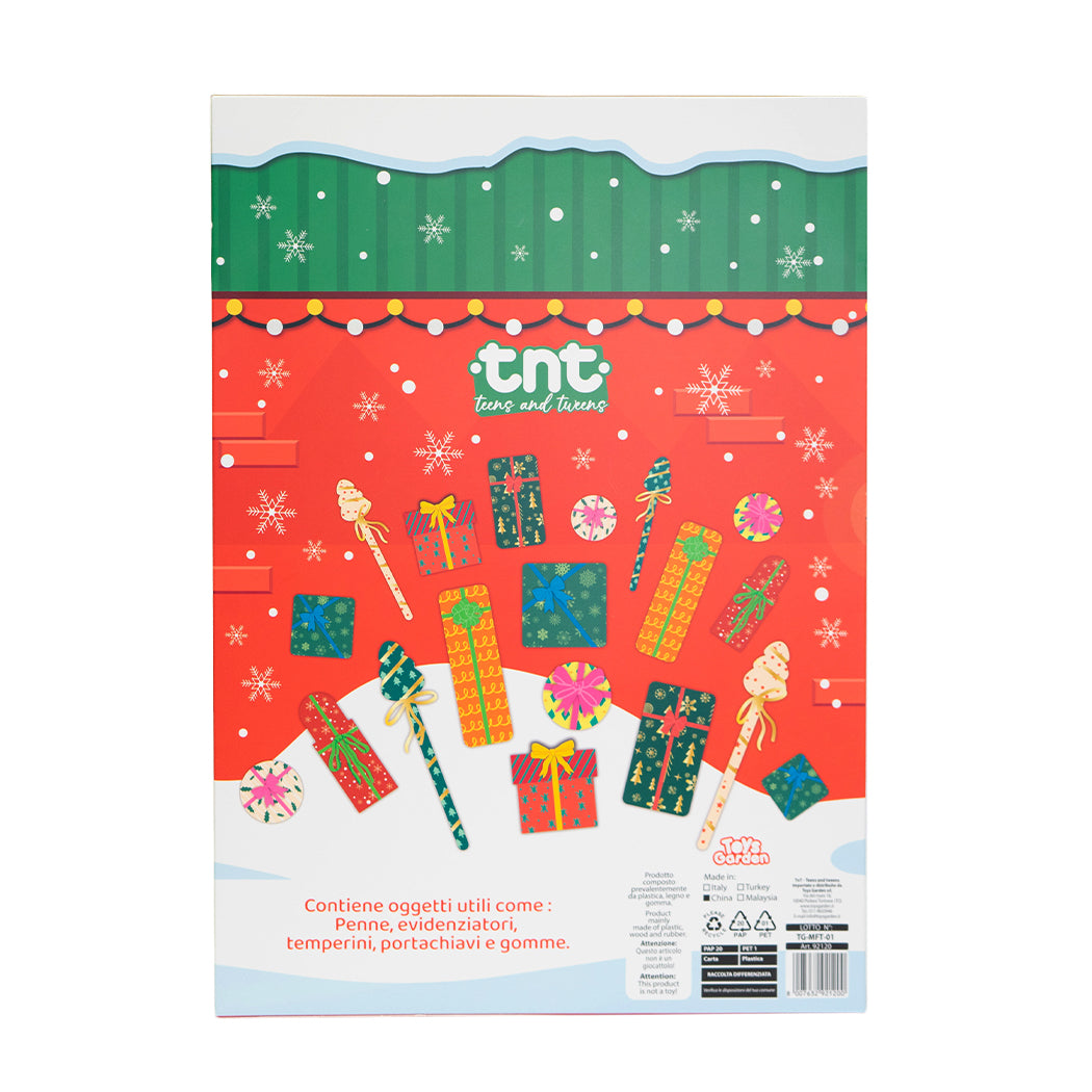 Calendario dell'avvento. In ogni casella puoi trovare un articolo di cancelleria a sorpresa tra penne, evidenziatori, gomme temperini e portachiavi.