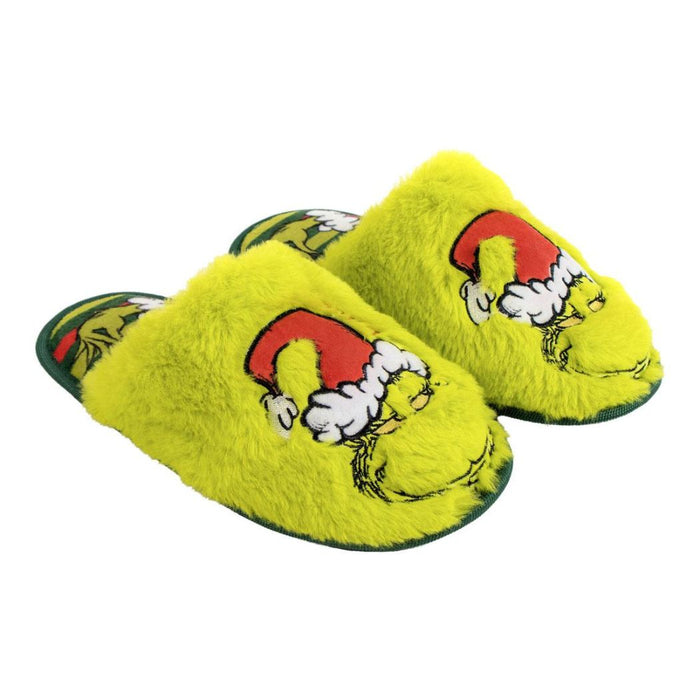 Morbide pantofole del Grinch con tomaia in pelliccia sintetica verde.