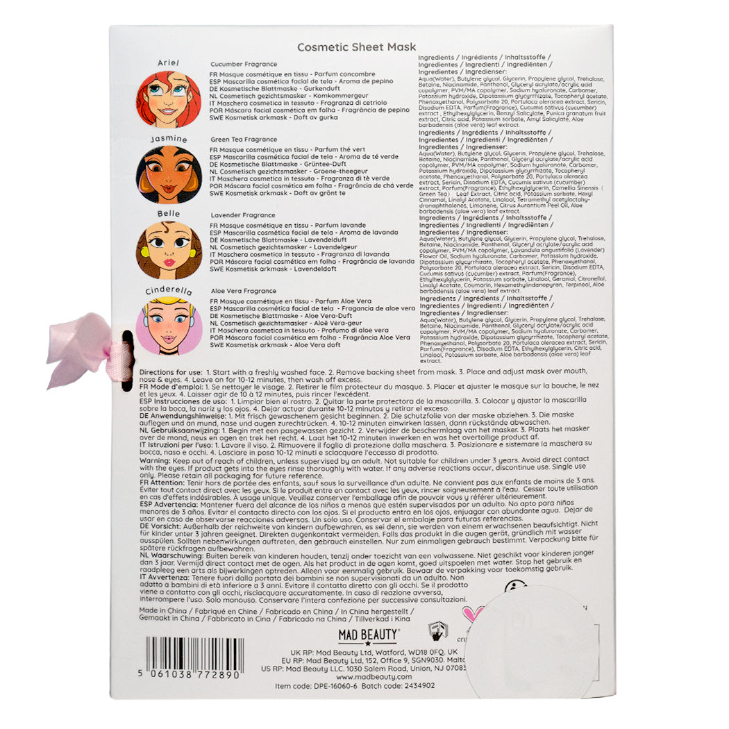 Cofanetto con 4 maschere viso dei personaggi di Ariel, Belle, Cenerentola e Jasmine