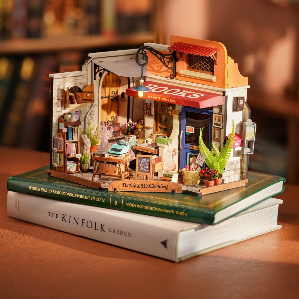 Puzzle in 3d che riproduce in miniatura l'angolo di una libreria dal sapore vintage
