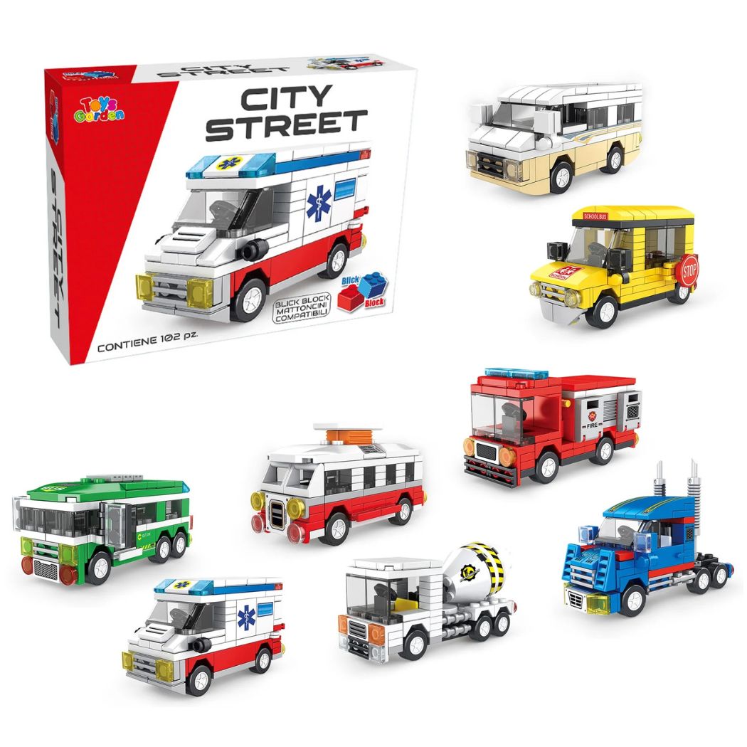 Mattoncini colorati per formare un veicolo da città