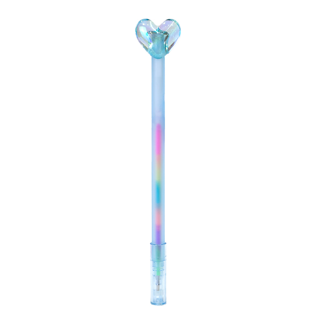 Penna gel con inchiostro arcobaleno e tappo a forma di cuore.