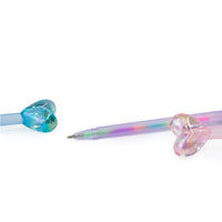Penna gel con inchiostro arcobaleno e tappo a forma di cuore.