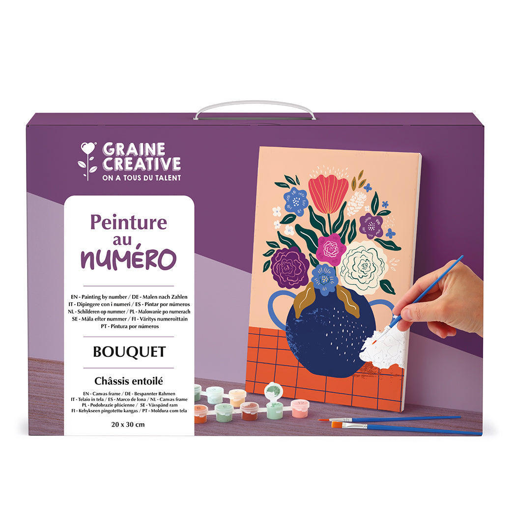 Kit di pittura con numeri per realizzare un vaso con fiori.