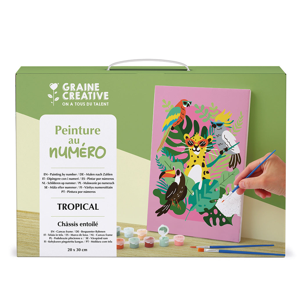 Kit di pittura con numeri per realizzare una decorazione a tema tropicale.