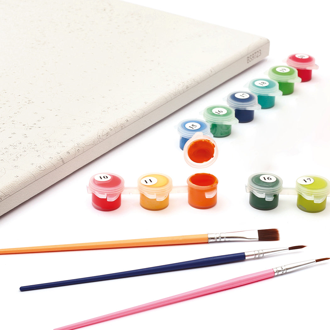 Kit di pittura con numeri per realizzare una decorazione a tema tropicale.