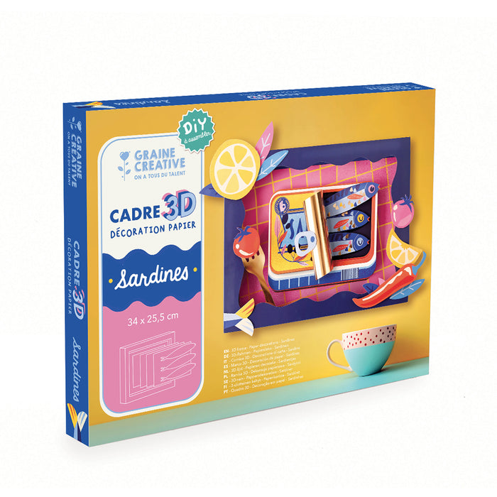 Kit con tutto l'occorrente per realizzare una decorazione in carta a tema sardine.