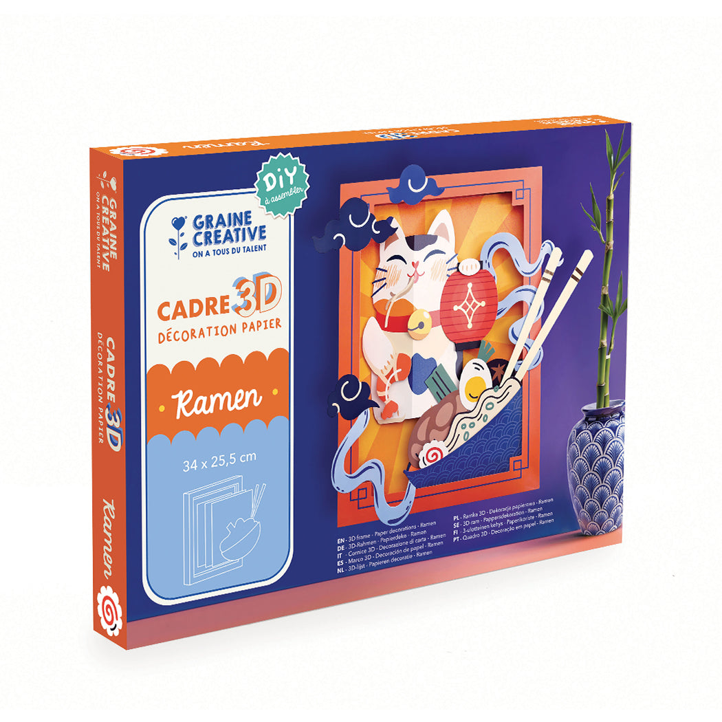 Kit con tutto l'occorrente per realizzare una decorazione in carta a tema ramen.