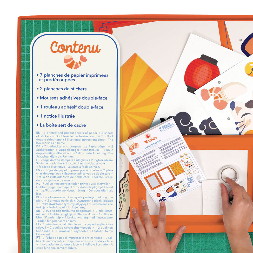 Kit con tutto l'occorrente per realizzare una decorazione in carta a tema ramen.